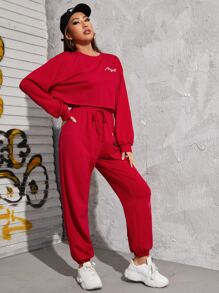 SHEIN EZwear Letter Graphic Pullover & Drawstring Joggers Set - Red - View 4