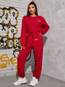 SHEIN EZwear Letter Graphic Pullover & Drawstring Joggers Set - Red - View 5