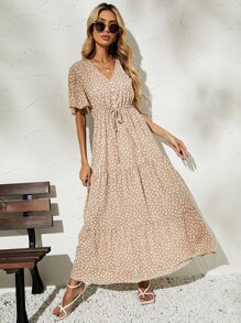 SHEIN Clasi Allover Print Tie Waist Ruffle Hem Dress - Multicolor - View 1