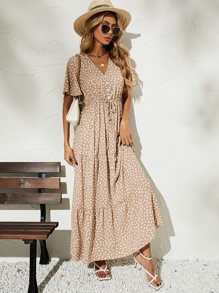 SHEIN Clasi Allover Print Tie Waist Ruffle Hem Dress - Multicolor - View 3