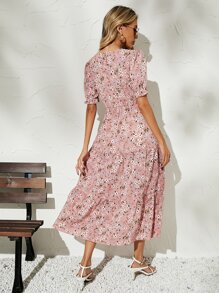 Breezaya Floral Print Puff Sleeve Ruffle Hem Dress Maxi Vacation Beach Outfits Women - Multicolor - View 2