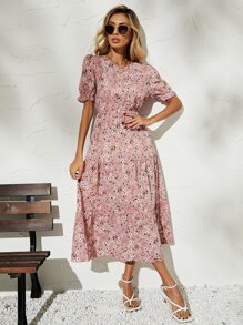 Breezaya Floral Print Puff Sleeve Ruffle Hem Dress Maxi Vacation Beach Outfits Women - Multicolor - View 3