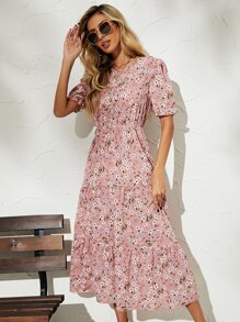 Breezaya Floral Print Puff Sleeve Ruffle Hem Dress Maxi Vacation Beach Outfits Women - Multicolor - View 5