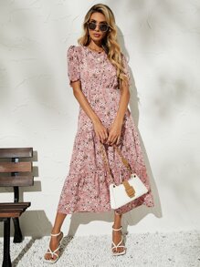 Breezaya Floral Print Puff Sleeve Ruffle Hem Dress Maxi Vacation Beach Outfits Women - Multicolor - View 6