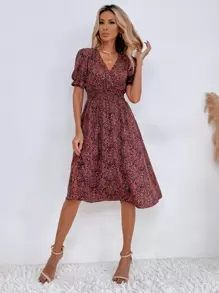 SHEIN Clasi Ditsy Floral Puff Sleeve Shirred Waist Dress - Multicolor - View 4