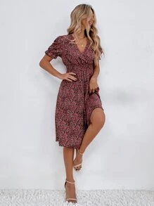 SHEIN Clasi Ditsy Floral Puff Sleeve Shirred Waist Dress - Multicolor - View 5