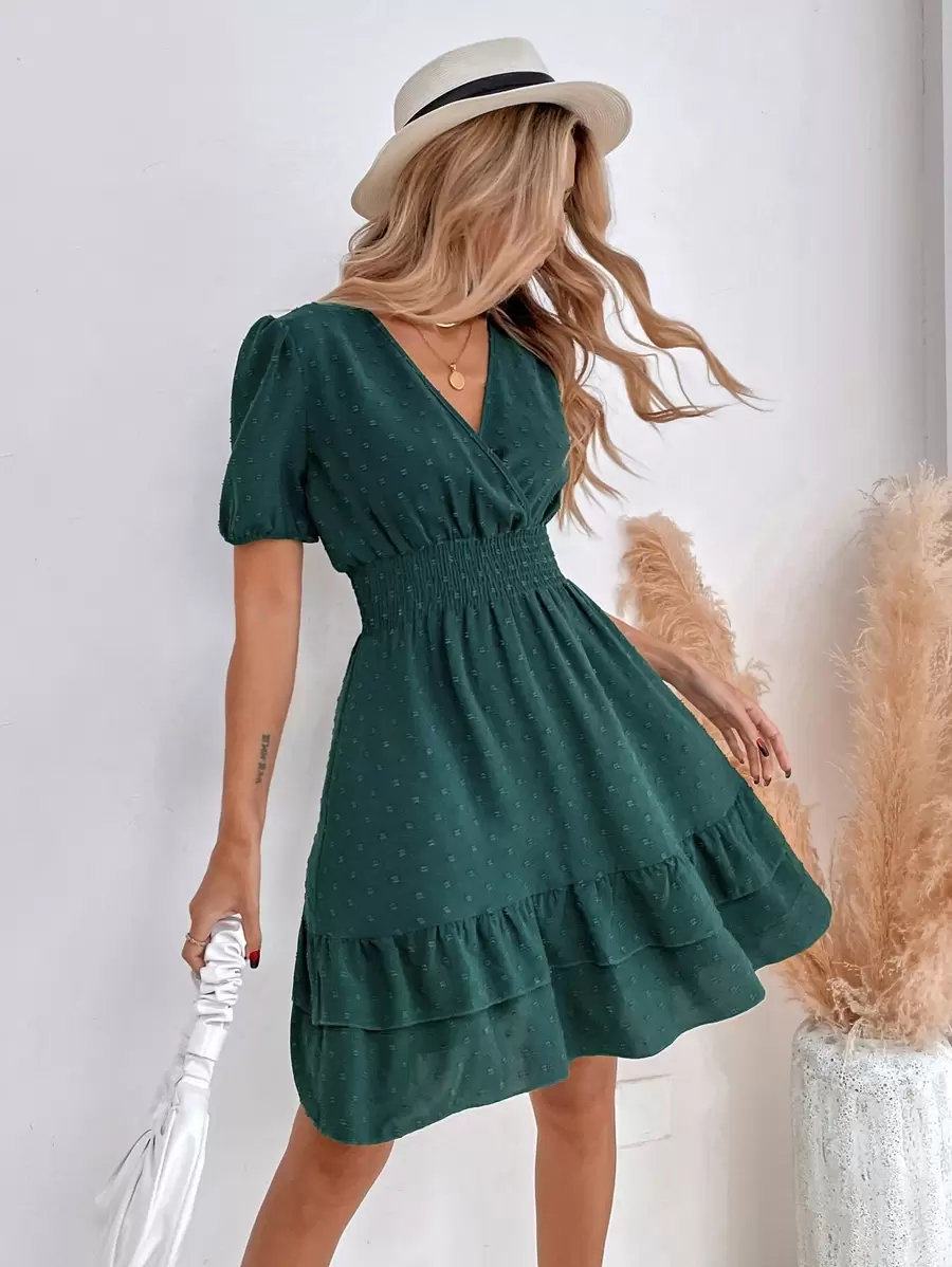 Breezaya Puff Sleeve Surplice Neck Shirred Waist Ruffle Hem Swiss Dot Dress - Dark Green - View 1