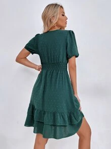 Breezaya Puff Sleeve Surplice Neck Shirred Waist Ruffle Hem Swiss Dot Dress - Dark Green - View 2