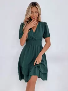 Breezaya Puff Sleeve Surplice Neck Shirred Waist Ruffle Hem Swiss Dot Dress - Dark Green - View 3