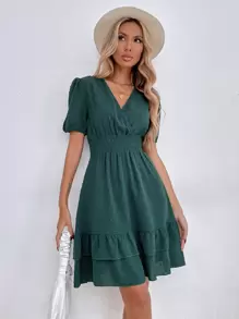Breezaya Puff Sleeve Surplice Neck Shirred Waist Ruffle Hem Swiss Dot Dress - Dark Green - View 4