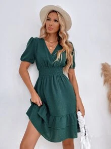 Breezaya Puff Sleeve Surplice Neck Shirred Waist Ruffle Hem Swiss Dot Dress - Dark Green - View 5