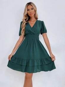 Breezaya Puff Sleeve Surplice Neck Shirred Waist Ruffle Hem Swiss Dot Dress - Dark Green - View 6