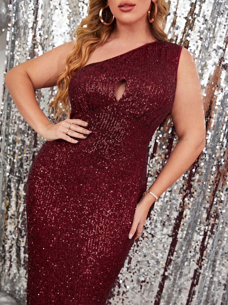 Modelyn Vestido de graduación de un solo hombro con abertura, dobladillo dividido y lentejuelas en borgoña rojo - Burdeos - Añade 5