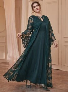 Modelyn Plus Solid Dress & Flounce Sleeve Lace Maxi Dress Women Outfit - Dark Green - View 3