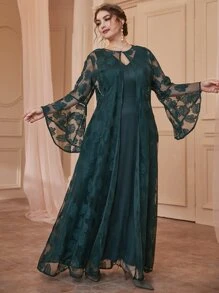 Modelyn Plus Solid Dress & Flounce Sleeve Lace Maxi Dress Women Outfit - Dark Green - View 4