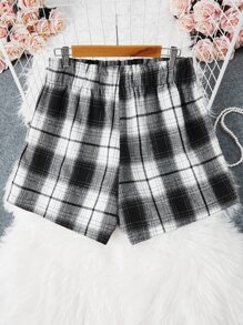 大碼格紋紙袋型腰粗花呢短褲 - 黑與白 - 查看 2
