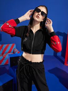 SABOTAGE 2C5F Designer Drop Shoulder Grommet Eyelet Drawstring Kangaroo Pocket Crop Sweatshirt - Black - View 1