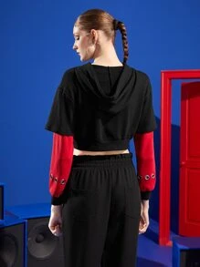 SABOTAGE 2C5F Designer Drop Shoulder Grommet Eyelet Drawstring Kangaroo Pocket Crop Sweatshirt - Black - View 2