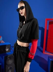 SABOTAGE 2C5F Designer Drop Shoulder Grommet Eyelet Drawstring Kangaroo Pocket Crop Sweatshirt - Black - View 3
