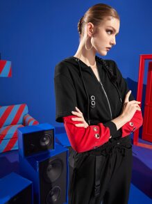 SABOTAGE 2C5F Designer Drop Shoulder Grommet Eyelet Drawstring Kangaroo Pocket Crop Sweatshirt - Black - View 4