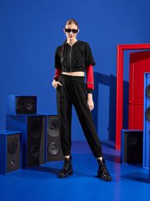 SABOTAGE 2C5F Designer Drop Shoulder Grommet Eyelet Drawstring Kangaroo Pocket Crop Sweatshirt - Black - View 5