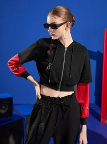 SABOTAGE 2C5F Designer Drop Shoulder Grommet Eyelet Drawstring Kangaroo Pocket Crop Sweatshirt - Black - View 6