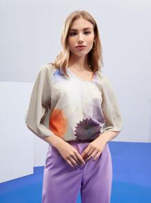 AdAnn Floral Print Split Sleeve Top - Multicolor - View 1