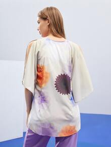 AdAnn Floral Print Split Sleeve Top - Multicolor - View 2