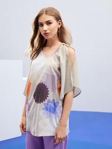 AdAnn Floral Print Split Sleeve Top - Multicolor - View 5