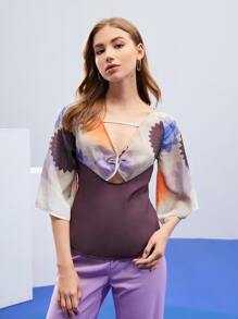 AdAnn Colourblock Print Cutout Flounce Sleeve Top - Multicolor - View 1