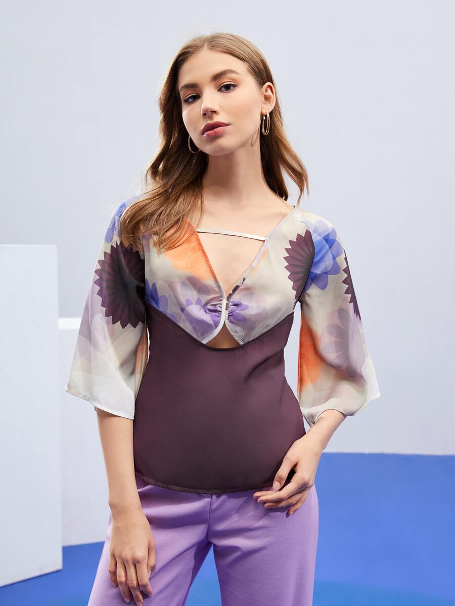 AdAnn Colourblock Print Cutout Flounce Sleeve Top - Multicolor - View 1