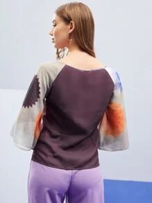 AdAnn Colourblock Print Cutout Flounce Sleeve Top - Multicolor - View 2