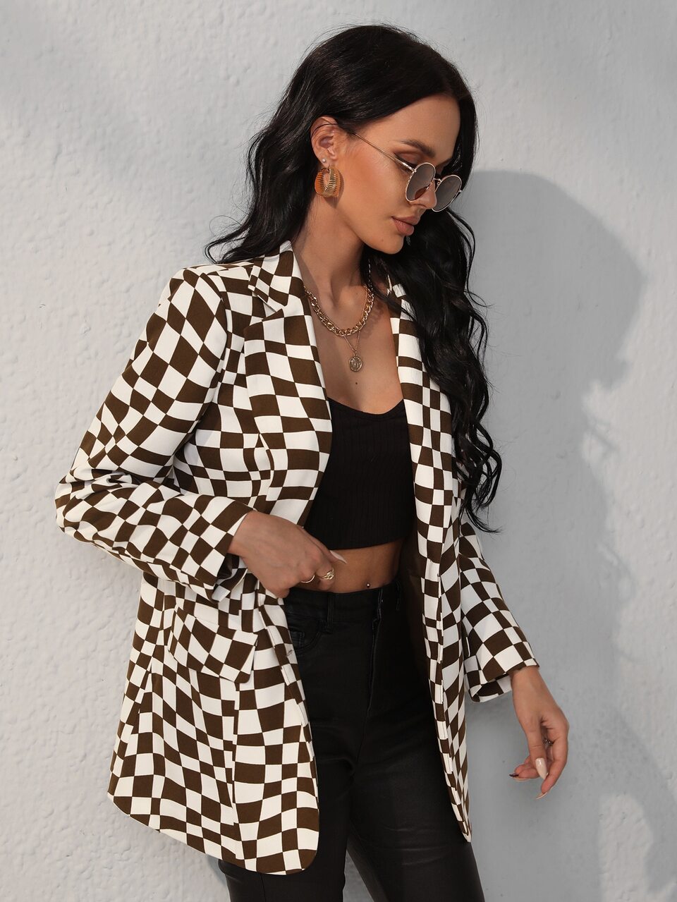 Checker Print Lapel Collar Blazer
