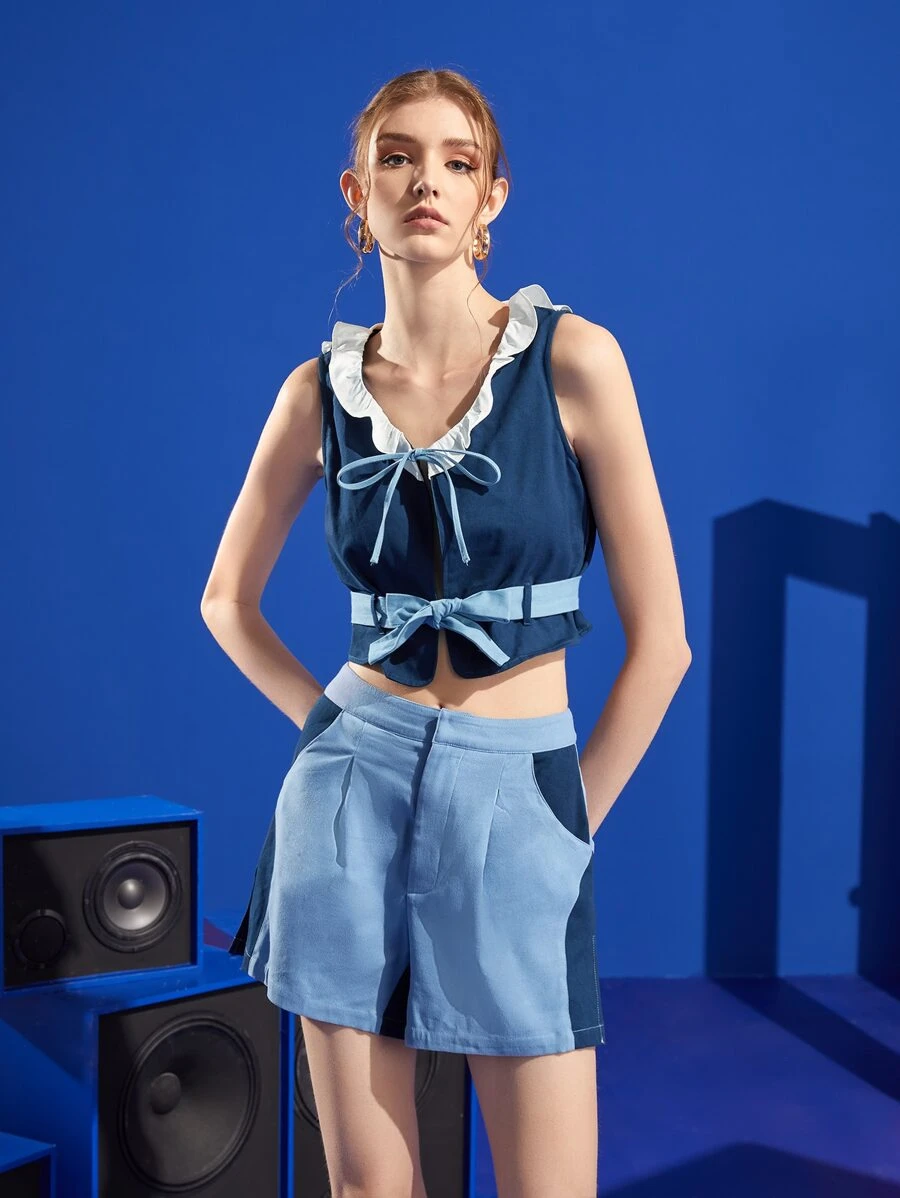 Viola L Frill Trim Belted Crop Top - Blue - View 1