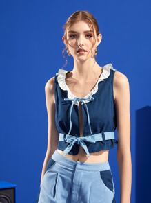 Viola L Frill Trim Belted Crop Top - Blue - View 3