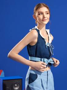 Viola L Frill Trim Belted Crop Top - Blue - View 6