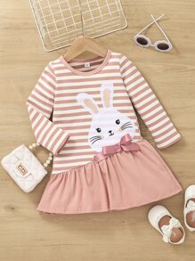 Niñas Vestido smock de rayas & con estampado de conejo lazo bajo con fruncido