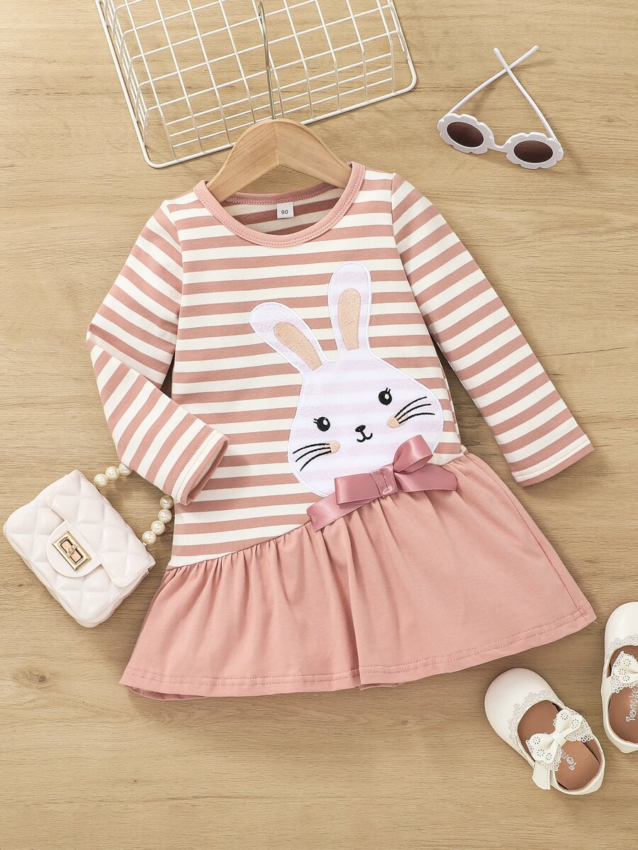 Niñas Vestido smock de rayas & con estampado de conejo lazo bajo con fruncido