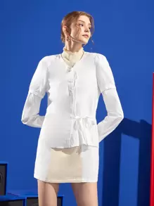 Viola L V Neck Button Front Knot Detail Blouse Without Dress - White - View 1