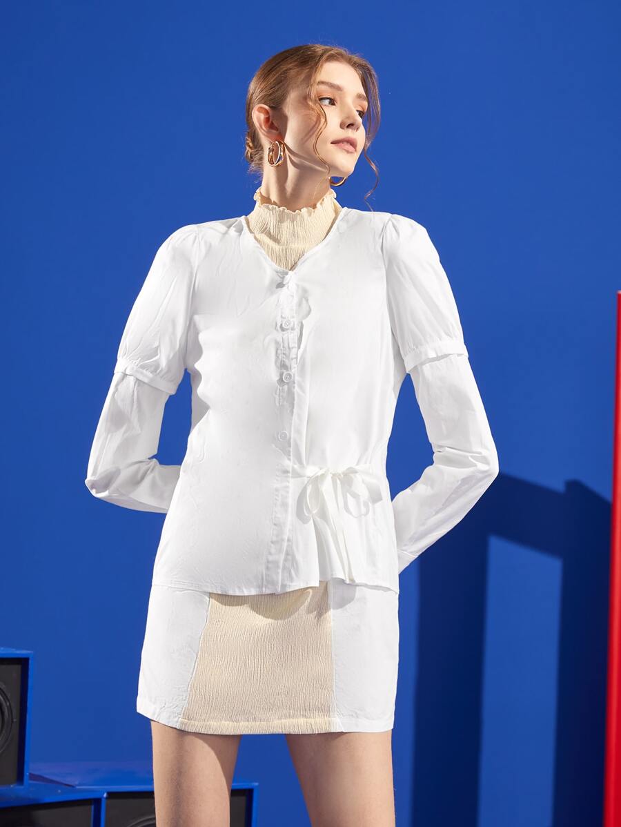 Viola L V Neck Button Front Knot Detail Blouse Without Dress - White - View 1