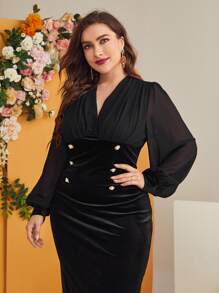 Modelyn Plus Bishop Sleeve Double Button Fitted Dress - Black - View 3