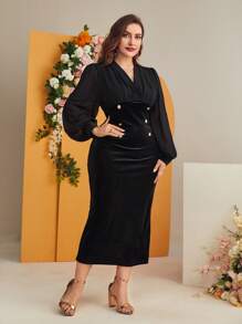 Modelyn Plus Bishop Sleeve Double Button Fitted Dress - Black - View 4