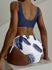 SHEIN Swim Contrast Plant Print Drawstring Side Bikini Set, For Summer Beach Vacation - Multicolor - View 2