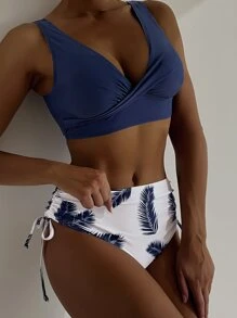 SHEIN Swim Contrast Plant Print Drawstring Side Bikini Set, For Summer Beach Vacation - Multicolor - View 4
