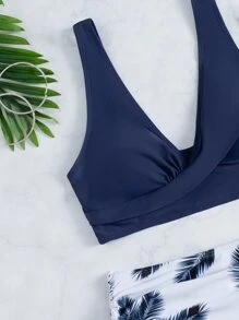 SHEIN Swim Contrast Plant Print Drawstring Side Bikini Set, For Summer Beach Vacation - Multicolor - View 5
