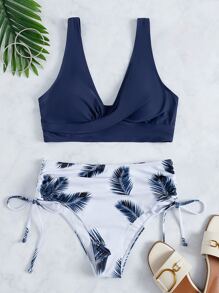 SHEIN Swim Contrast Plant Print Drawstring Side Bikini Set, For Summer Beach Vacation - Multicolor - View 6