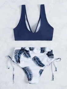 SHEIN Swim Contrast Plant Print Drawstring Side Bikini Set, For Summer Beach Vacation - Multicolor - View 7