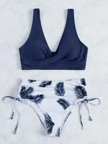 SHEIN Swim Contrast Plant Print Drawstring Side Bikini Set, For Summer Beach Vacation - Multicolor - View 8