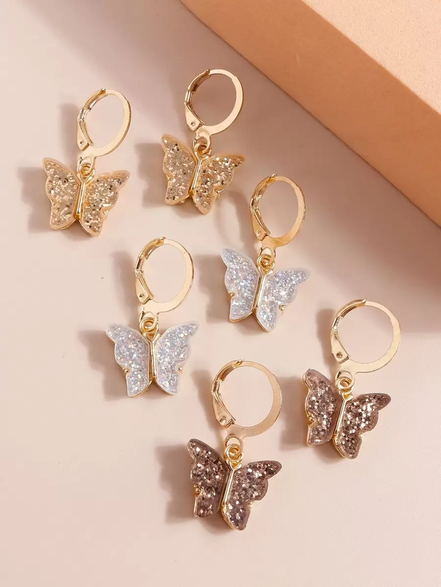 3 pares Pendientes con diseño de mariposa - Multicolor - Ver 1