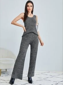 SHEIN Áo len nữ kết hợp Gân đan màu trơn Giải trí - Màu xám đen - Xem 2